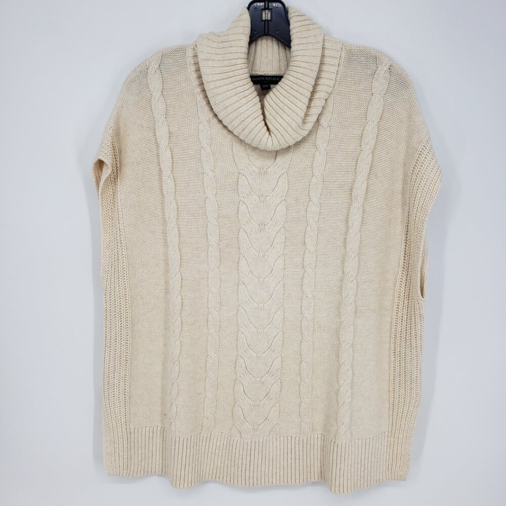 Banana Republic Cable Knit Cowl Turtleneck Poncho Sweater XS Cotton Blend Cream